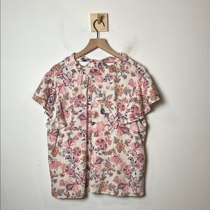 Who What Wear Women Linen Blend Floral Flutter Sleeve Spring Blouse Top XL